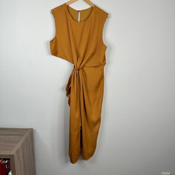 ASOS Golden Yellow Twist Front Satin Cutout Pencil Dress - Picture 2 of 11